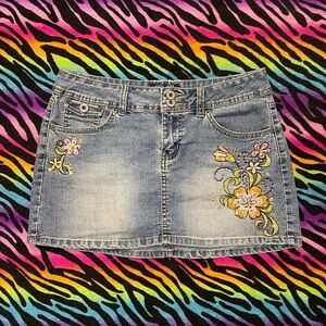Y2k Vintage Angels Blue Denim Skirt with Floral Embroidery